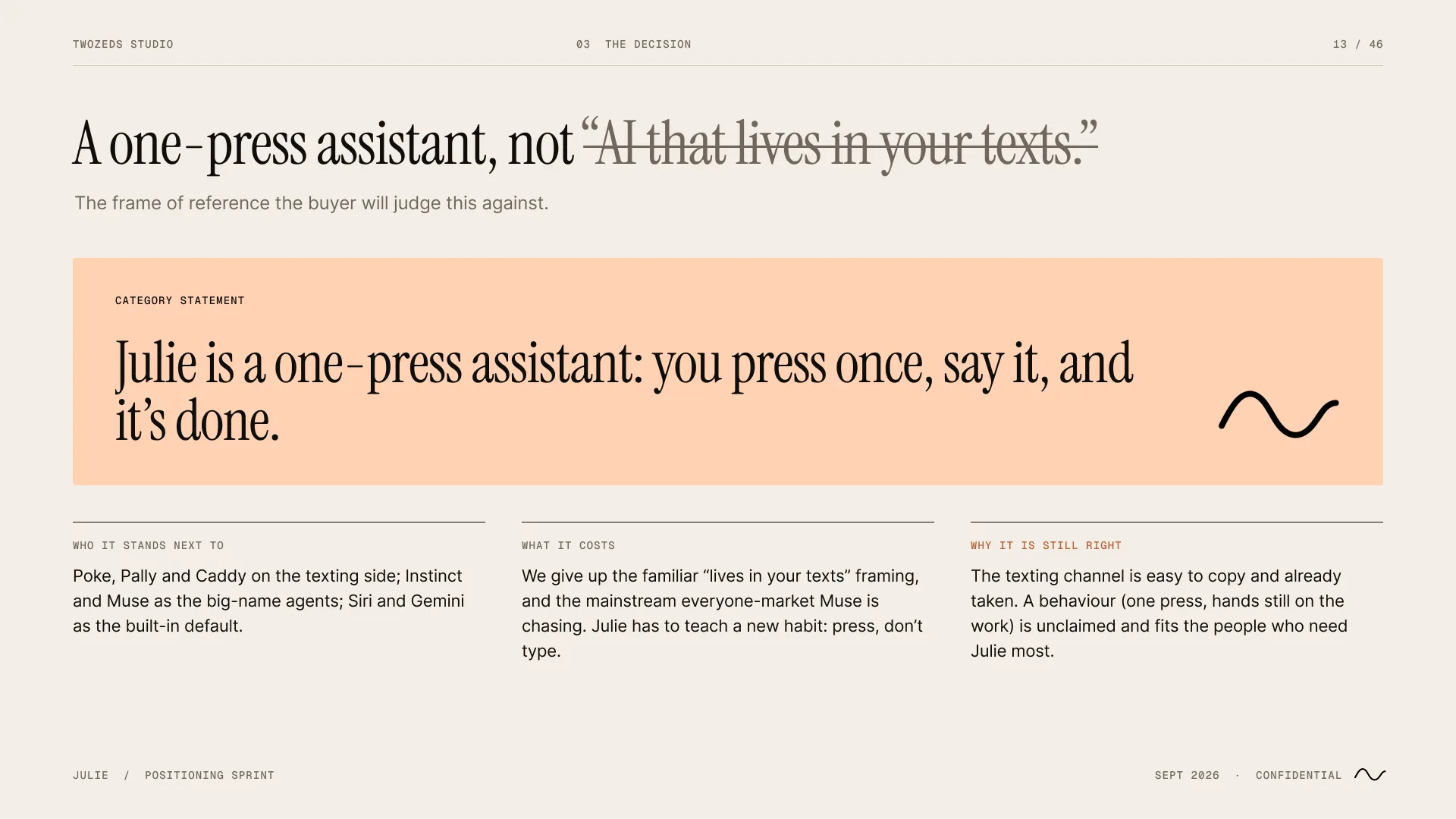 Category slide: a one-press assistant, not AI that lives in your texts.